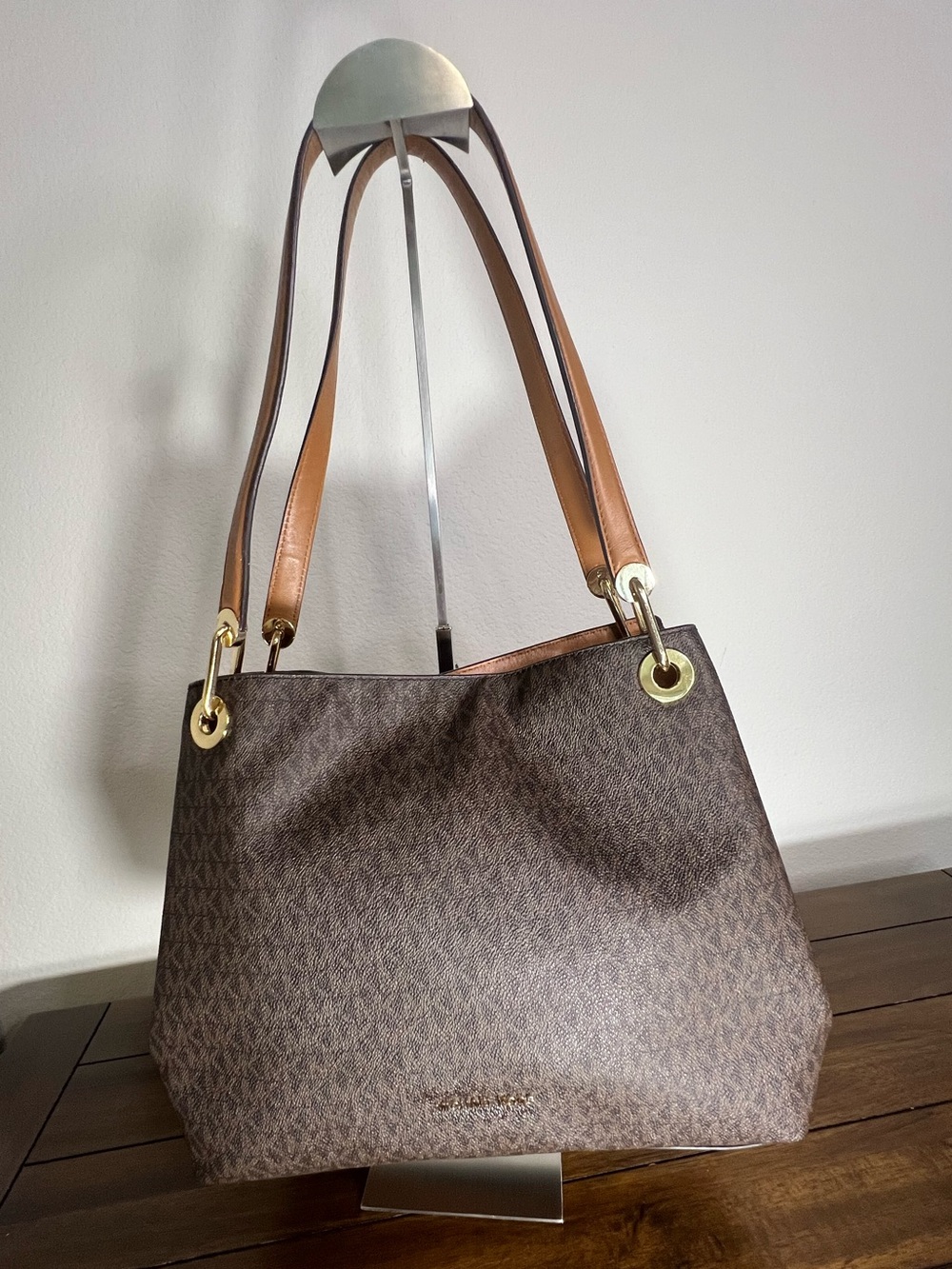 Michael Kors Brown MK Monogram Shoulder Tote with Gold Hardware